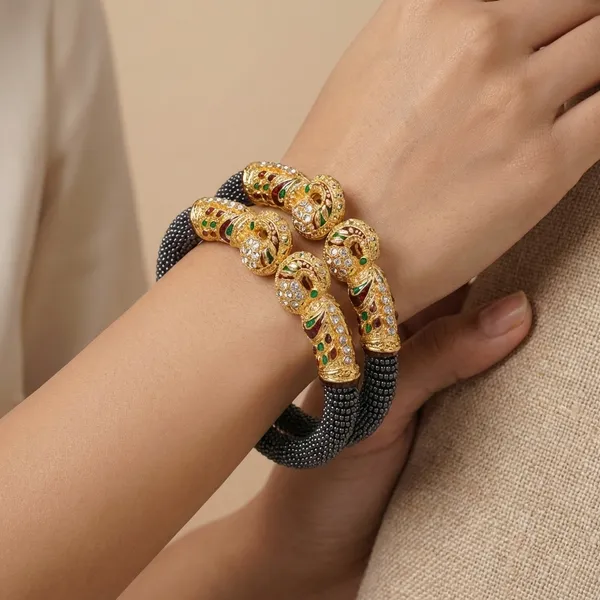 Multicolor_Beaded_With_Peacock_Design_And_Gemstone_Embellishments_Bangles_For_Women_(Set_Of_2)
