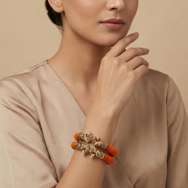 Orange_And_Gold_And_Green_Handcrafted_Orange_Silk_Thread_With_Dual_Peacock_Design_Bangles_For_Women