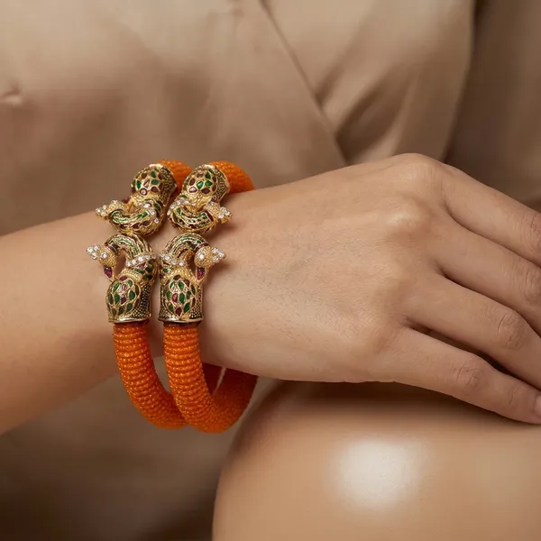 Orange_And_Gold_And_Green_Handcrafted_Orange_Silk_Thread_With_Dual_Peacock_Design_Bangles_For_Women