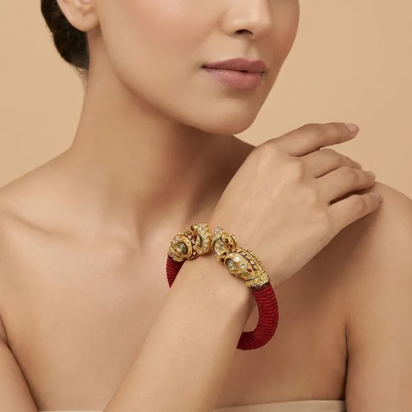 Red_And_Gold_And_Green_Traditional_Silk_Thread_With_Peacock_Design_Bangle_Set_For_Women