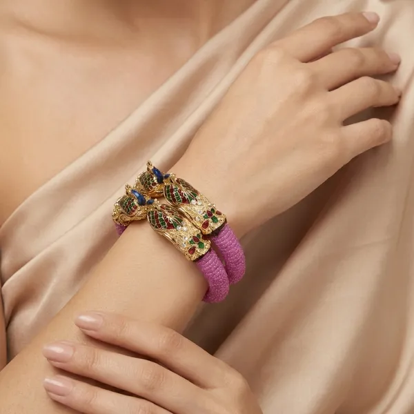 Multicolor_Gold_Plated_Peacock_Design_With_Pink_Beaded_Wrap_Bangles_For_Women_(Set_Of_2)