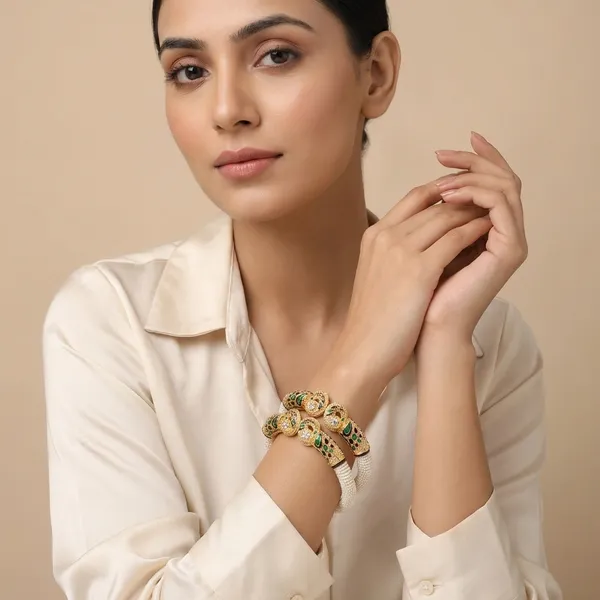 White_And_Gold_And_Green_Elegant_Pearl_And_Stone_Peacock_Bangle_Set_For_Women