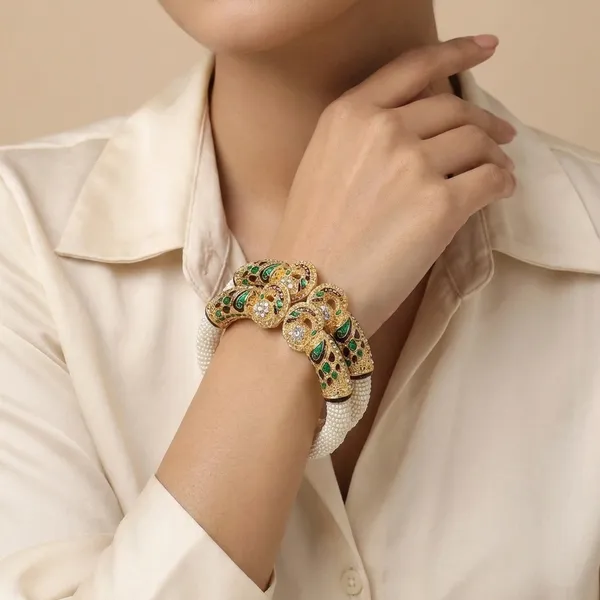 White_And_Gold_And_Green_Elegant_Pearl_And_Stone_Peacock_Bangle_Set_For_Women