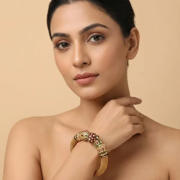Gold_And_Red_And_Green_Traditional_Toned_Meenakari_With_Makara_Design_Bangles_For_Women