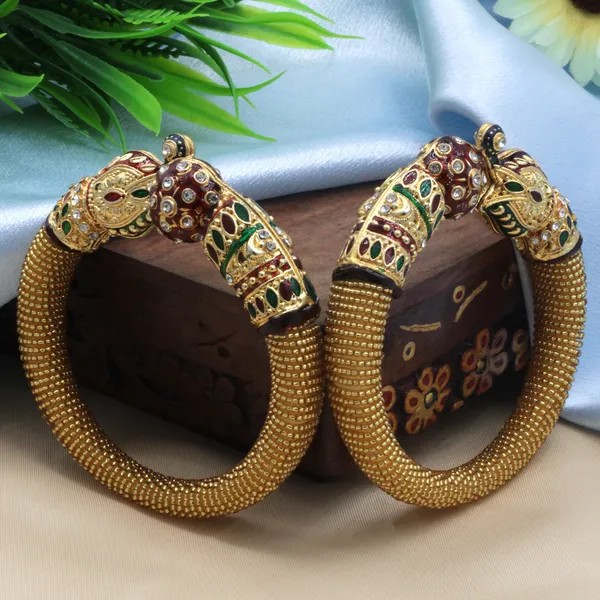 Gold_And_Red_And_Green_Traditional_Toned_Meenakari_With_Makara_Design_Bangles_For_Women