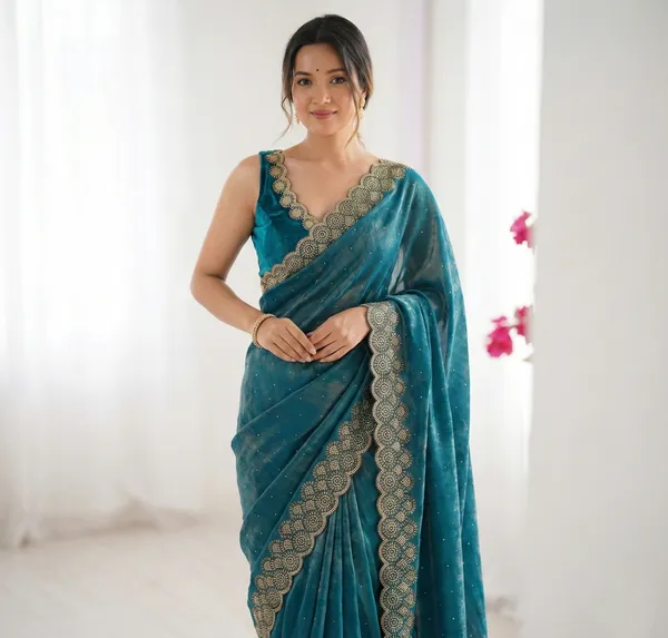Blue_Scalloped_Border_Organza_Saree_For_Women