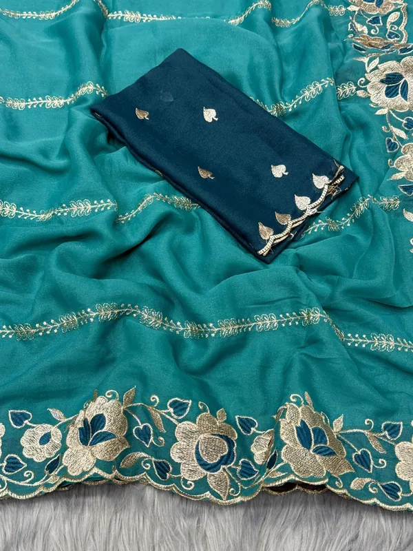 Sea_Blue_Embroidered_Georgette_Saree_With_Blouse_For_Women