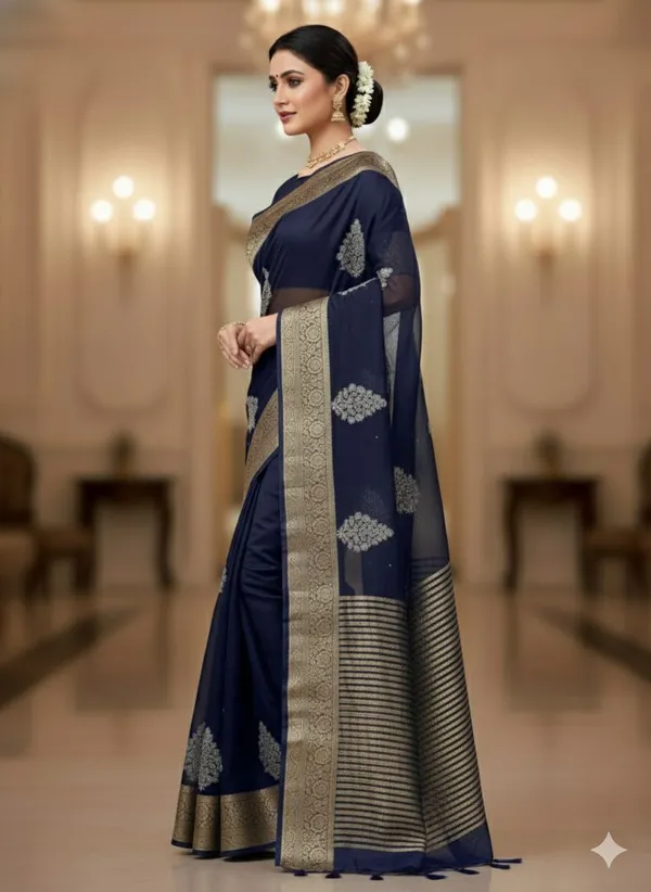 Navy_Blue_Zari_Work_Banarasi_Silk_Saree_For_Women