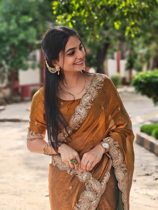 Brown_Embroidered_Velvet_Saree_For_Women