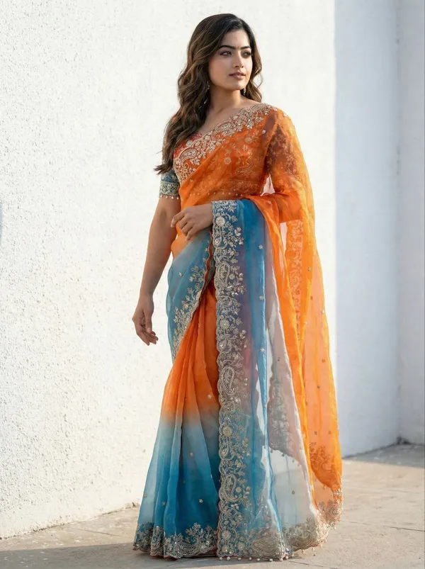 Orange_And_Blue_Embellished_Georgette_Saree_For_Women