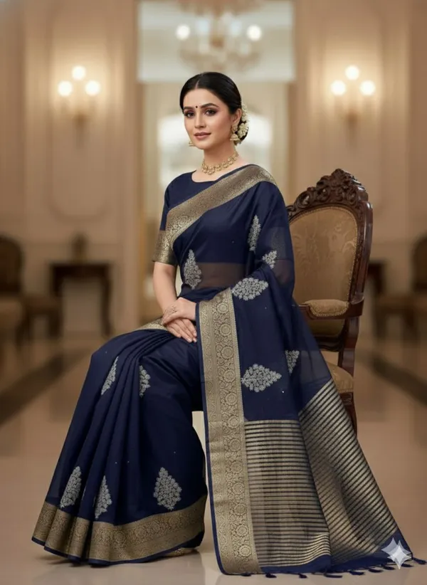 Navy_Blue_Zari_Work_Banarasi_Silk_Saree_For_Women