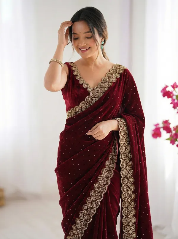 Pink_Embroidered_Velvet_Saree_For_Women