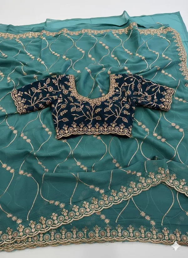 Teal_Green_Embroidered_Georgette_Saree_For_Women