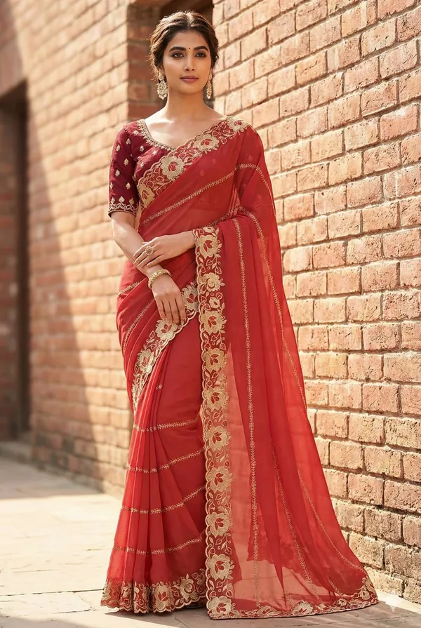 Peach_Embroidered_Georgette_Saree_For_Women