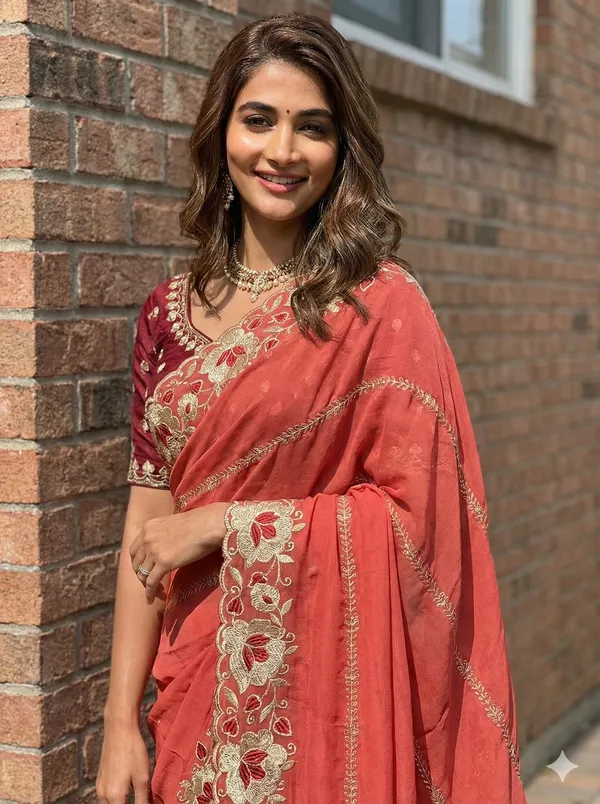 Dark_Peach_Embroidered_Georgette_Saree_With_Blouse_Piece_For_Women