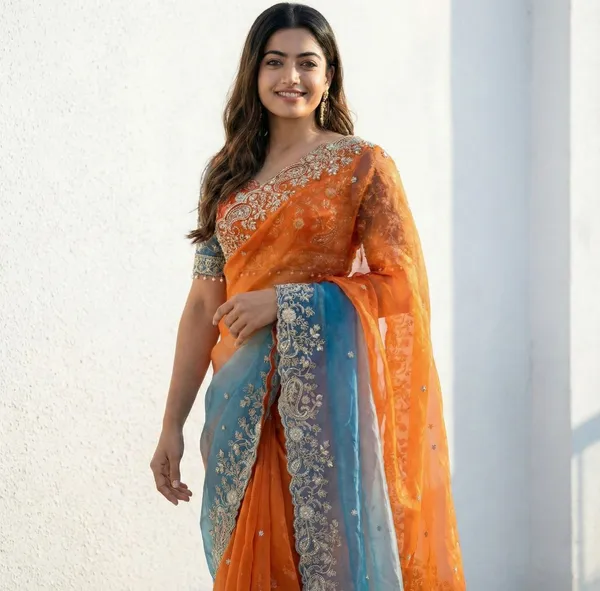 Orange_And_Blue_Embellished_Georgette_Saree_For_Women