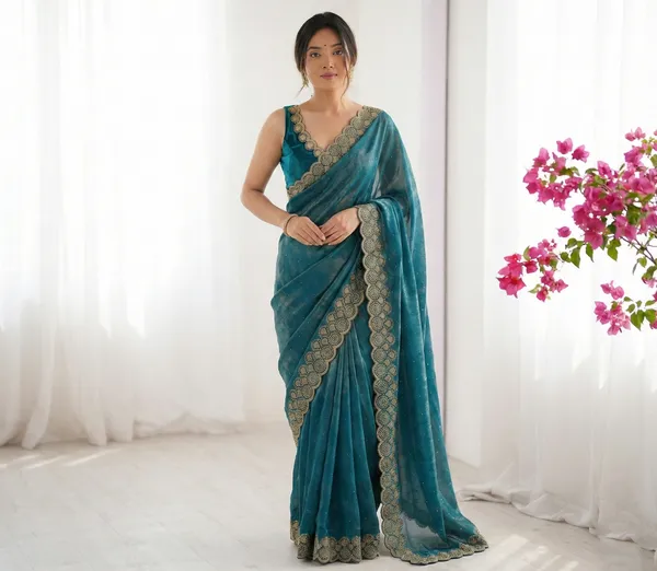 Blue_Scalloped_Border_Organza_Saree_For_Women