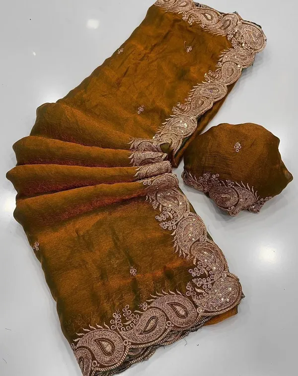 Brown_Embroidered_Velvet_Saree_For_Women