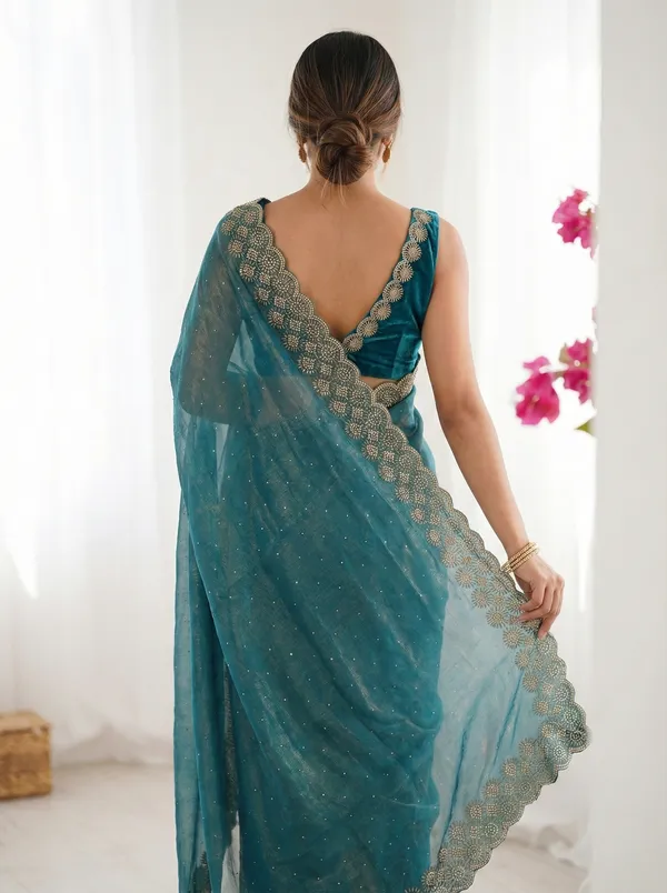 Blue_Scalloped_Border_Organza_Saree_For_Women