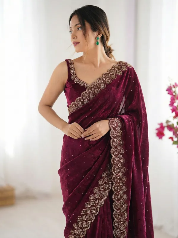 Pink_Embroidered_Velvet_Saree_For_Women