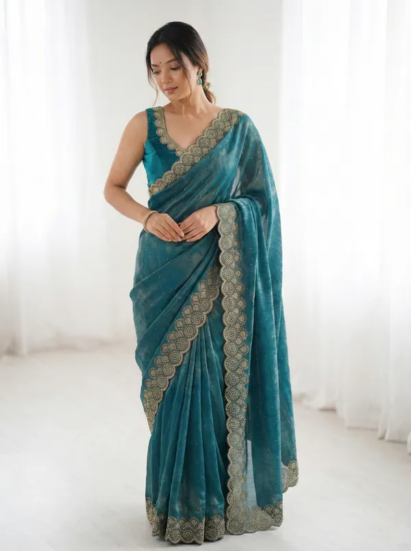 Blue_Scalloped_Border_Organza_Saree_For_Women
