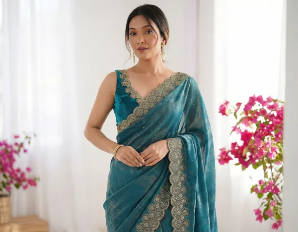 Blue_Scalloped_Border_Organza_Saree_For_Women