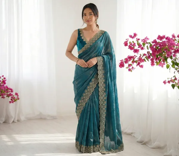 Blue_Scalloped_Border_Organza_Saree_For_Women