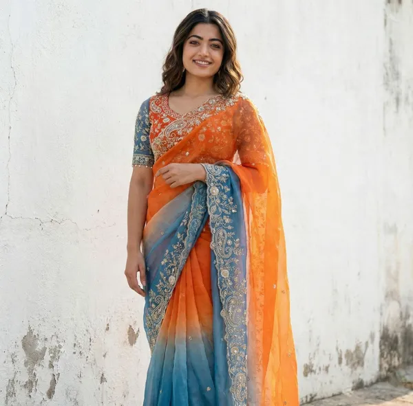 Orange_And_Blue_Embellished_Georgette_Saree_For_Women
