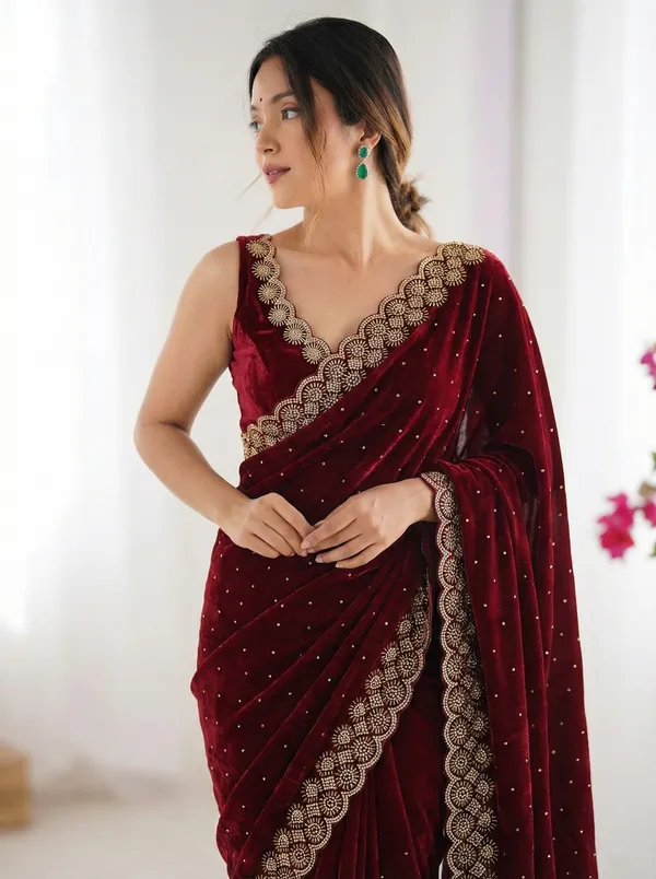 Pink_Embroidered_Velvet_Saree_For_Women