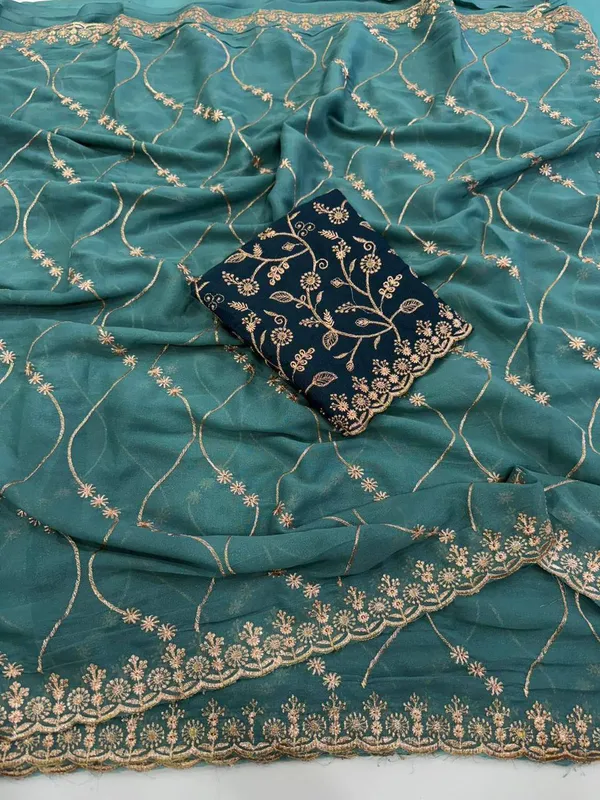 Teal_Green_Embroidered_Georgette_Saree_For_Women