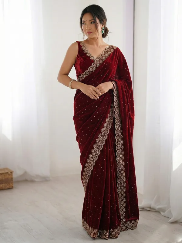 Pink_Embroidered_Velvet_Saree_For_Women