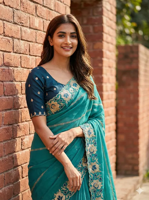 Sea_Blue_Embroidered_Georgette_Saree_With_Blouse_For_Women