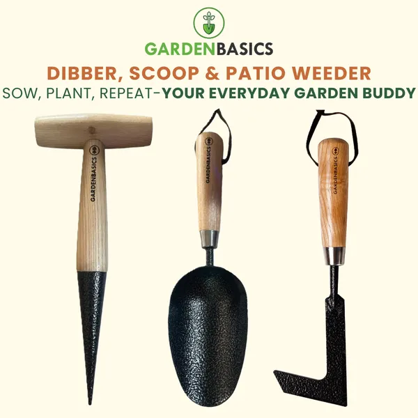 GARDENBASICS_3_PCS_Gardening_Tools_Kit_for_Home_Garden_|_Rust_Proof_Garden_Tool_Set_|_Heavy_Duty_|_Wooden_Handle_|_Farming_Tools_for_Indoor_&_Outdoor_Use_|_Potting_Soil_Scoop,_Patio_Weeder_&_Dibber