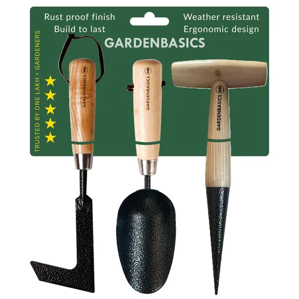 GARDENBASICS_3_PCS_Gardening_Tools_Kit_for_Home_Garden_|_Rust_Proof_Garden_Tool_Set_|_Heavy_Duty_|_Wooden_Handle_|_Farming_Tools_for_Indoor_&_Outdoor_Use_|_Potting_Soil_Scoop,_Patio_Weeder_&_Dibber