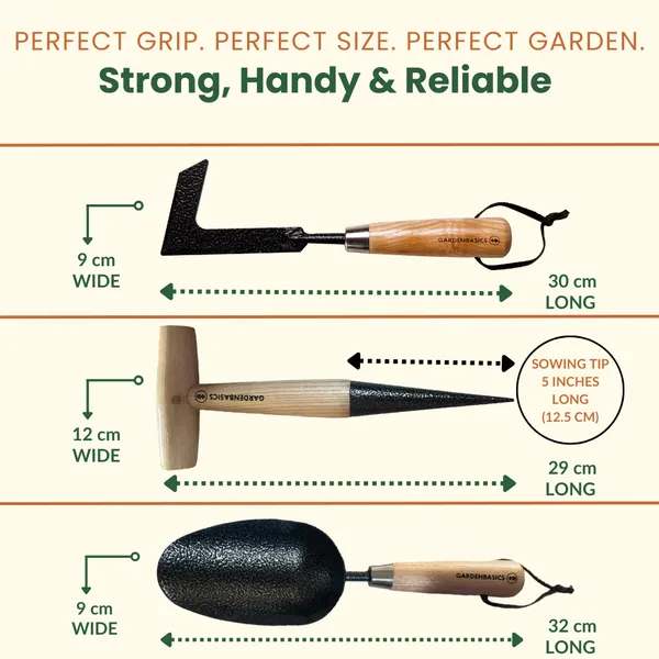GARDENBASICS_3_PCS_Gardening_Tools_Kit_for_Home_Garden_|_Rust_Proof_Garden_Tool_Set_|_Heavy_Duty_|_Wooden_Handle_|_Farming_Tools_for_Indoor_&_Outdoor_Use_|_Potting_Soil_Scoop,_Patio_Weeder_&_Dibber