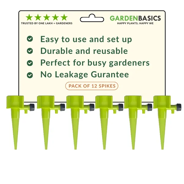 GARDENBASICS_Self_Watering_Spikes_for_Plants_–_Pack_of_12_|_No_Leakage_Guarantee_|_Adjustable_Drip_Spikes_for_Home_Garden_|_Plant_Water_Dropper_|_Perfect_for_Vacation_&_Busy_Gardeners_(GREEN)