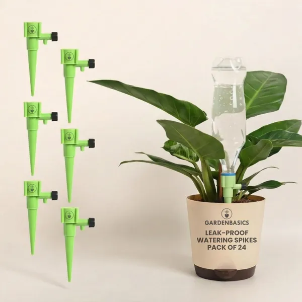 GARDENBASICS_Self_Watering_Spikes_for_Plants_–_Pack_of_24_|_Plant_Waterer_|_No_Leakage_Guarantee_|_Adjustable_Drip_Irrigation_Kit_for_Indoor_&_Outdoor_Plants_|_Perfect_for_Vacation_(GREEN)