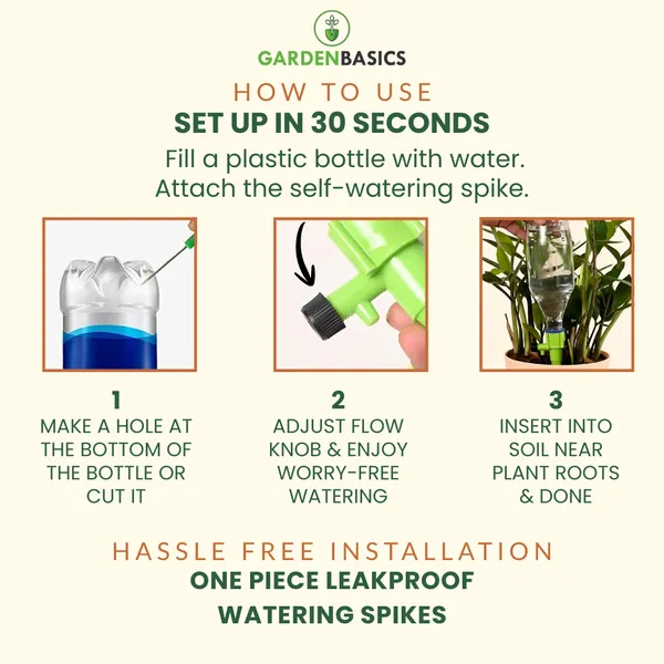 GARDENBASICS_Self_Watering_Spikes_for_Plants_–_Pack_of_24_|_Plant_Waterer_|_No_Leakage_Guarantee_|_Adjustable_Drip_Irrigation_Kit_for_Indoor_&_Outdoor_Plants_|_Perfect_for_Vacation_(GREEN)