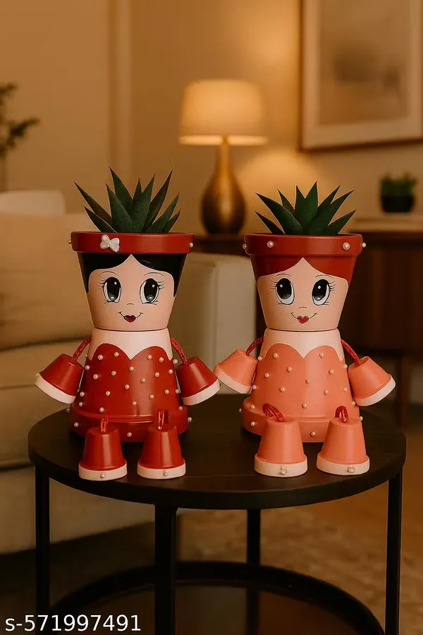 Red_And_Pink_Handcrafted_Decorative_Luxury_Pearl_Cartoon_Girl_Planter_Pots_Set_Of_2
