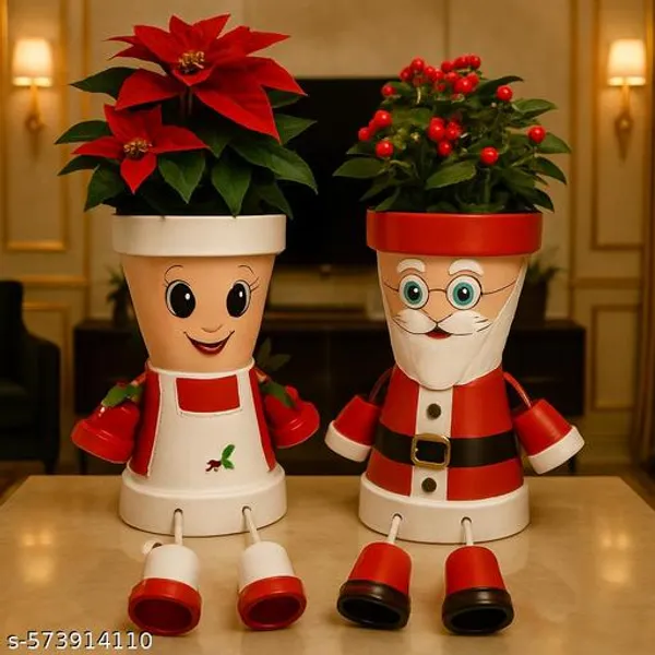 White_And_Red_Handcrafted_Santa_Claus_Couple_Planter_Set_Christmas_Decor_Combo