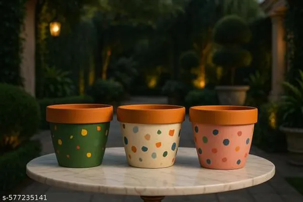 White_Potique_Terrazzo_Hand_Painted_Plastic_Plant_Pots_Set_Of_3