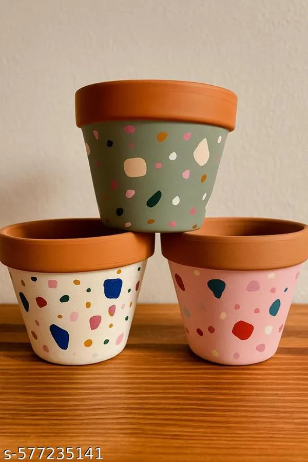 White_Potique_Terrazzo_Hand_Painted_Plastic_Plant_Pots_Set_Of_3