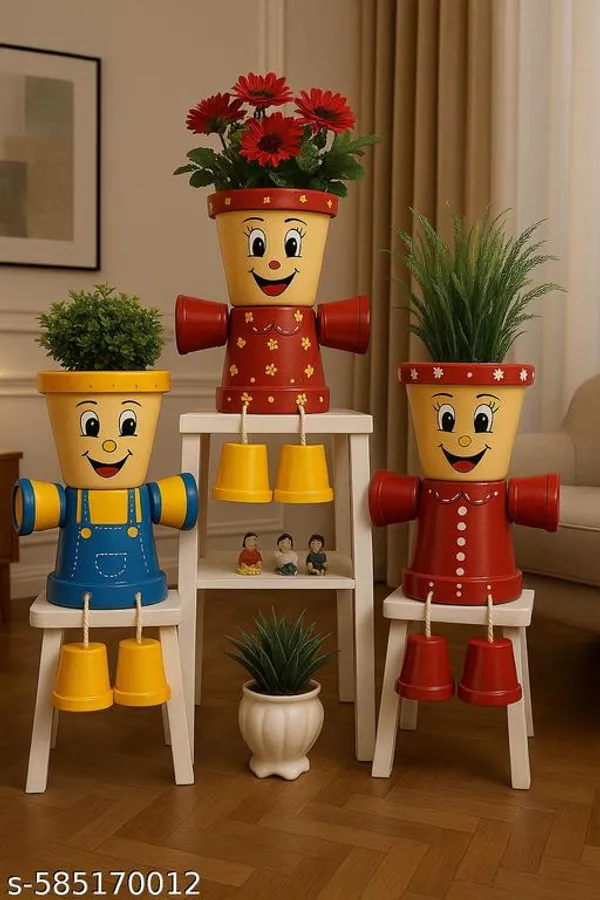 Multicolor_Sharan_Potique_Handcrafted_Smiling_Pot_People_Set_Trio_Decorative_Clay_Planters_For_Home_Garden_Plastic_Pot_Plants_Containers_Pack_Of_3