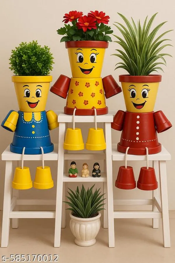 Multicolor_Sharan_Potique_Handcrafted_Smiling_Pot_People_Set_Trio_Decorative_Clay_Planters_For_Home_Garden_Plastic_Pot_Plants_Containers_Pack_Of_3