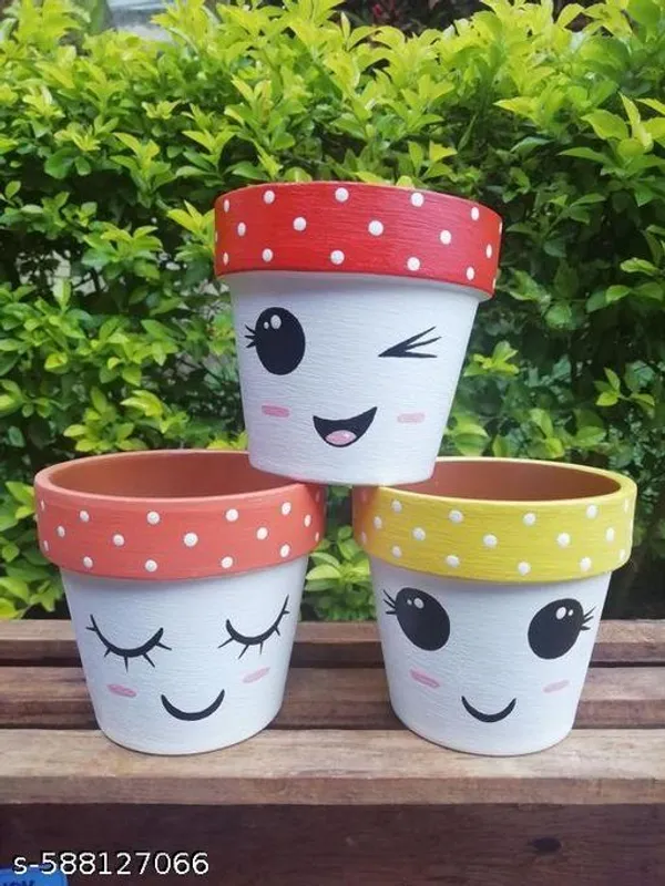 White_Handmade_Smiley_Face_Terracotta_Planters_Cute_Painted_Clay_Flower_Pots_Set_Of_3