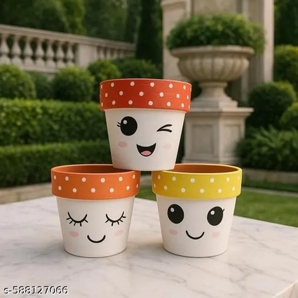 White_Handmade_Smiley_Face_Terracotta_Planters_Cute_Painted_Clay_Flower_Pots_Set_Of_3