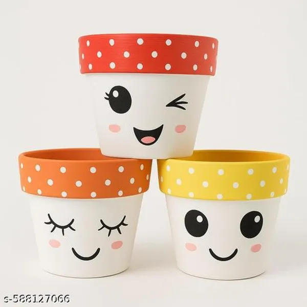 White_Handmade_Smiley_Face_Terracotta_Planters_Cute_Painted_Clay_Flower_Pots_Set_Of_3