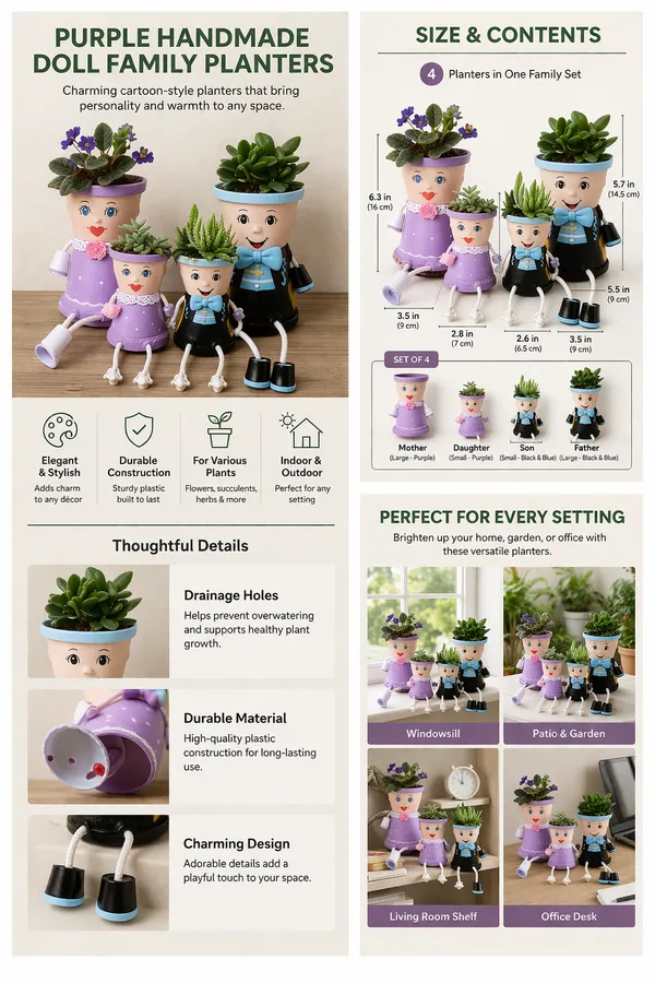 Purple_Handmade_Doll_Family_Plastic_Planters_Cute_Decorative_Cartoon_Flower_Pots_Set_Of_4