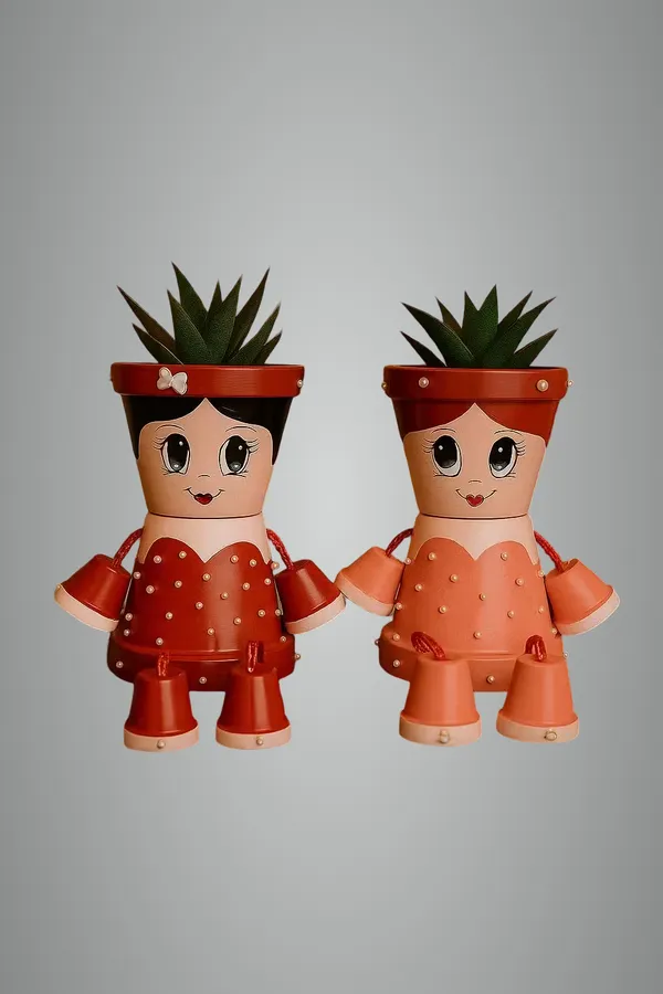 Red_And_Pink_Handcrafted_Decorative_Luxury_Pearl_Cartoon_Girl_Planter_Pots_Set_Of_2