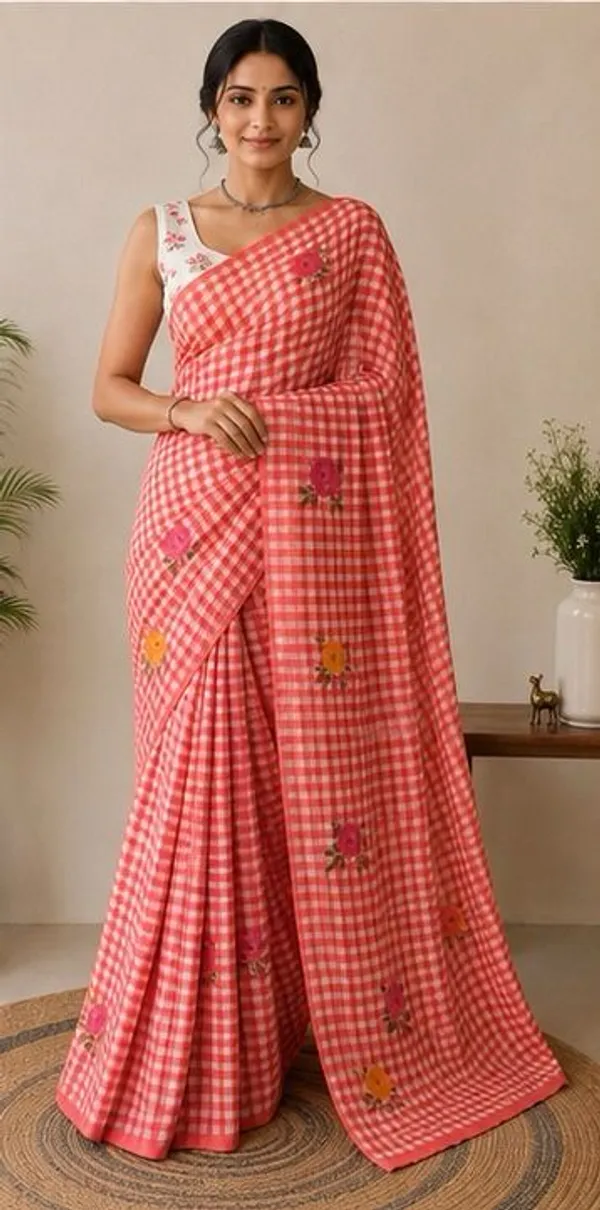 Truorigin_Checkered,_Digital_Print,_Floral_Print,_Self_Design,_Geometric_Print_Bollywood_Cotton_Linen,_Linen_Saree_for_Women